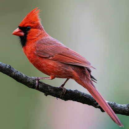 A male Northern Cardinal perched on a branch, featuring its bright red feathers and distinctive black face markings.